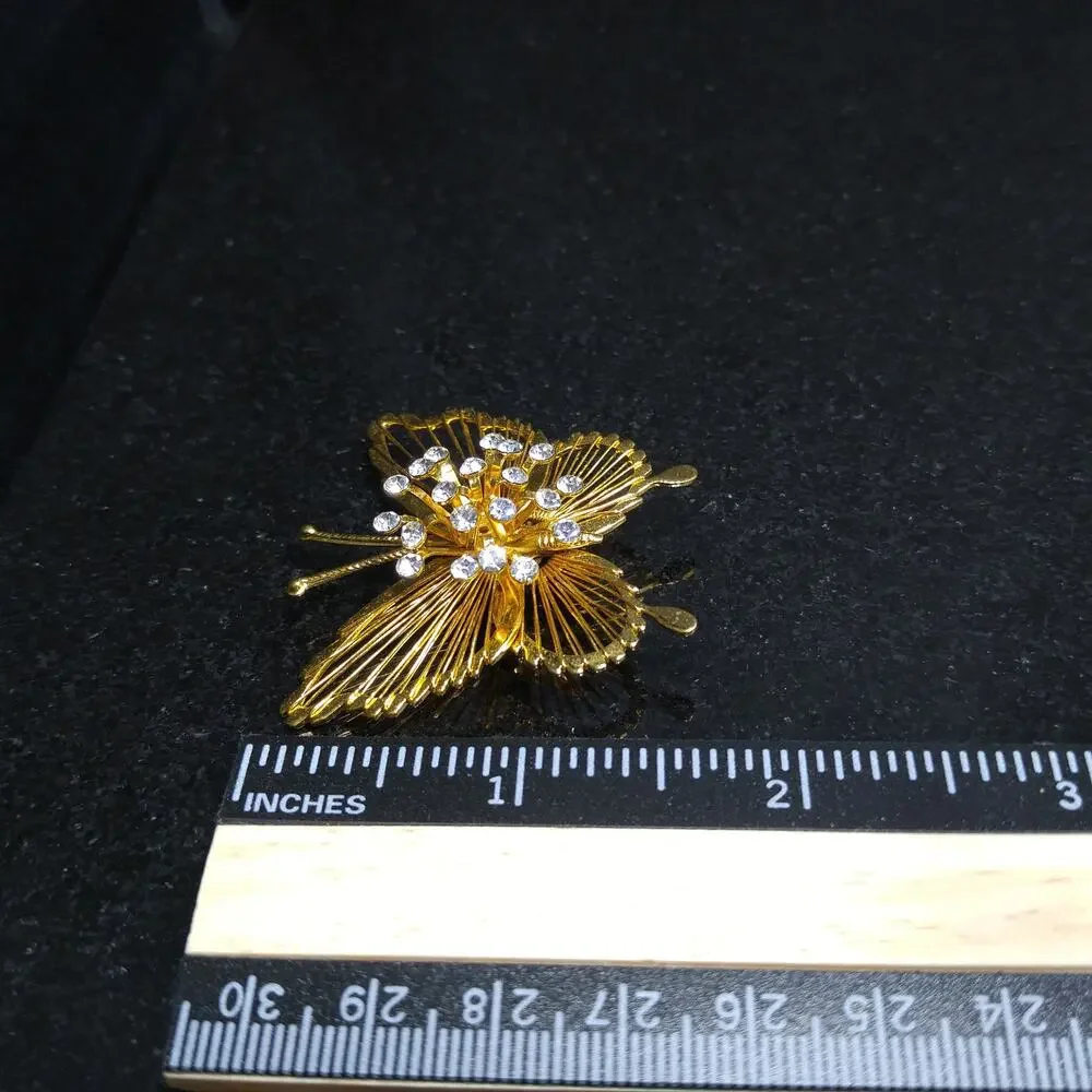 Vintage Monet Gold Tone Wire Butterfly Brooch, Clear Rhinestones Center
